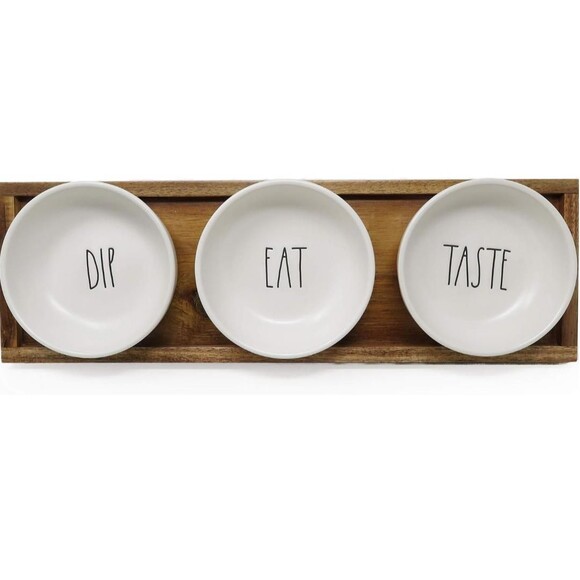 Rae Dunn 4 Piece DIP EAT TASTE Ceramic Dip Bowl Serving Platter Set Wood Tray - Picture 3 of 4